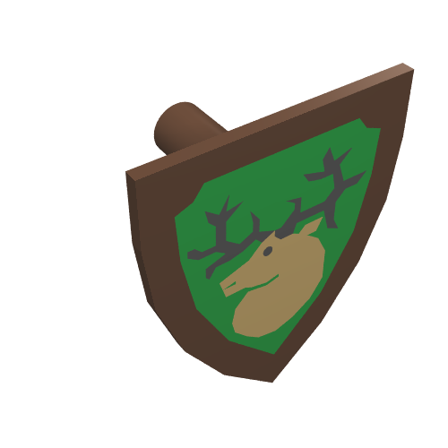 LEGO Minifigure triangular shield with a brown frame, green background, and a tan deer head with grey antlers.