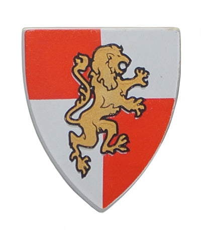 LEGO Minifigure Shield, Triangular Short, featuring a gold lion rampant on a quarterly red and white background