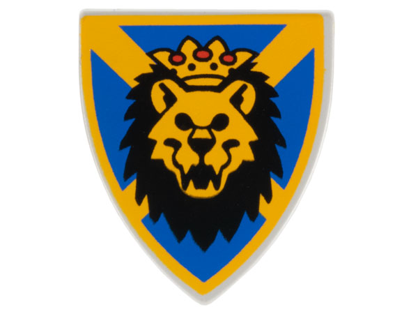 LEGO minifigure triangular short shield with a yellow crowned lion head on a blue and yellow pattern background.