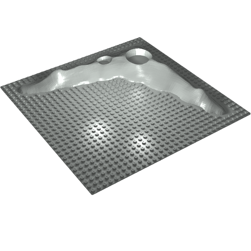Grey LEGO 32x32 raised baseplate, a crater plate without studs, featuring sculpted terrain with two craters.
