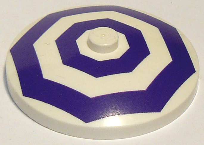 White LEGO inverted 4x4 dish (radar) with a solid stud and two dark purple octagonal patterns, seen from above.