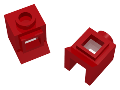 Two red LEGO 39bc01 Window 1 x 1 x 1 with Extended Lip bricks, viewed from the front and top angles, on a white background.