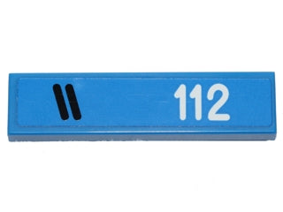 A blue LEGO 1x4 tile with two black diagonal stripes on the left and white numbers '112' on the right.
