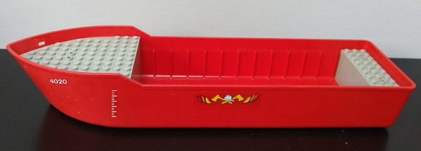 Red LEGO boat hull with light gray decks, '4020' on bow, and Classic Fire logo with helmet and crossed axes.