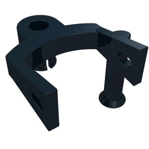 Dark grey LEGO 4023 train coupling with a pin, featuring a U-shaped body, top hole, and side holes.