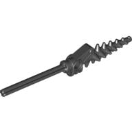 Dark grey LEGO Bionicle weapon drill piece with a ribbed, pointed tip, pin hole handle, and a long axle extending from the base.