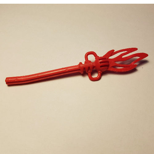A red LEGO Bionicle 40342 Long Axle Flame Staff 1 x 12 weapon, laid flat on a light background.