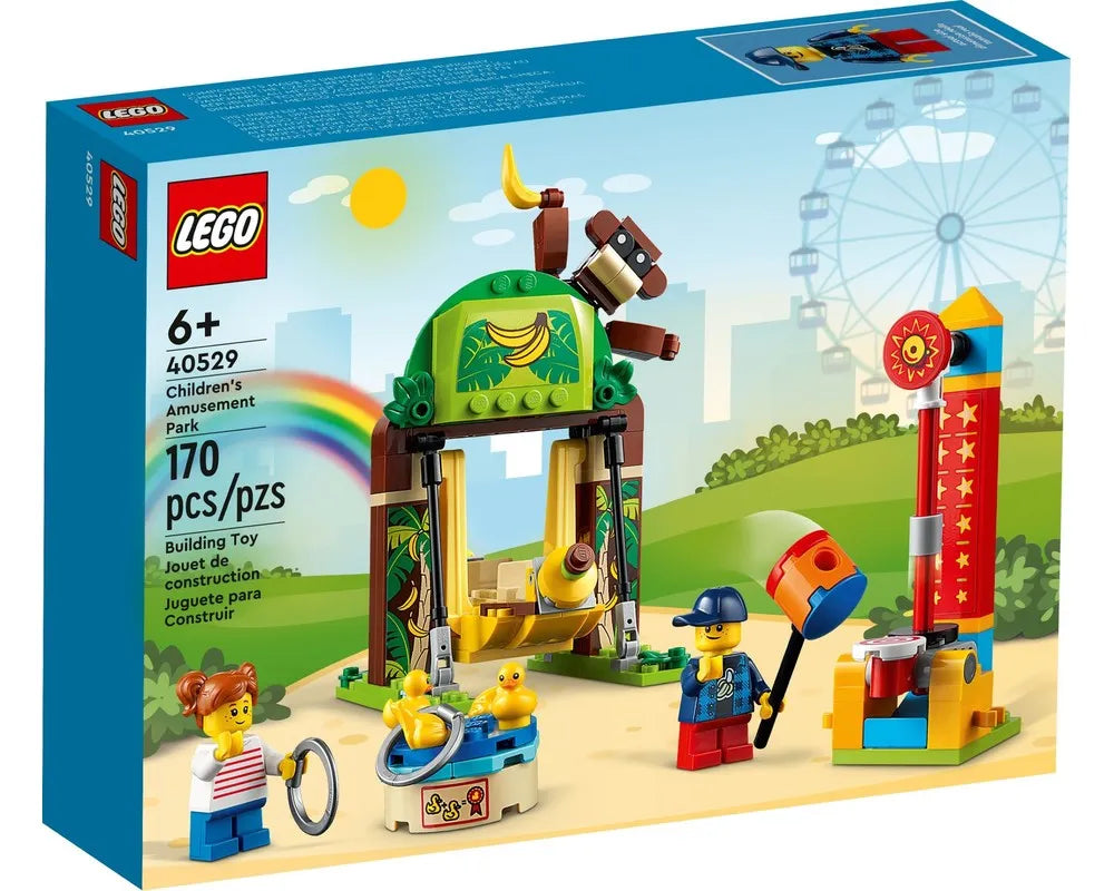 LEGO 40529 Children's Amusement Park box shows a banana swing ride, duck ring toss, hammer game, and two minifigures.