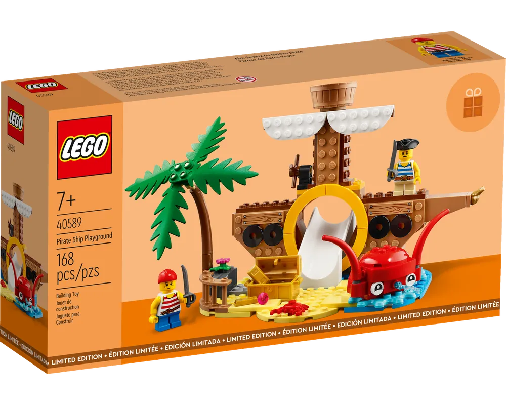 LEGO set 40589 Pirate Ship Playground with a pirate ship, slide, palm tree, two minifigures, treasure chest, and red crab.
