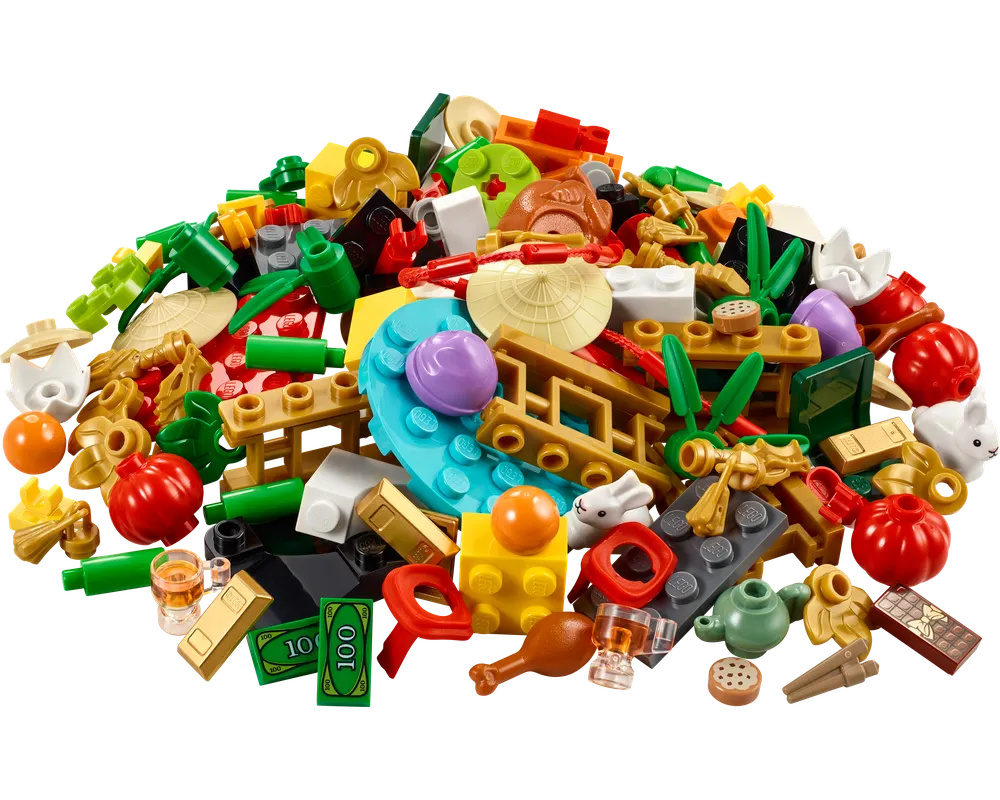 A large pile of diverse LEGO elements including food items, gold ingots, money, rabbits, lanterns, and traditional hats, all in various colors.