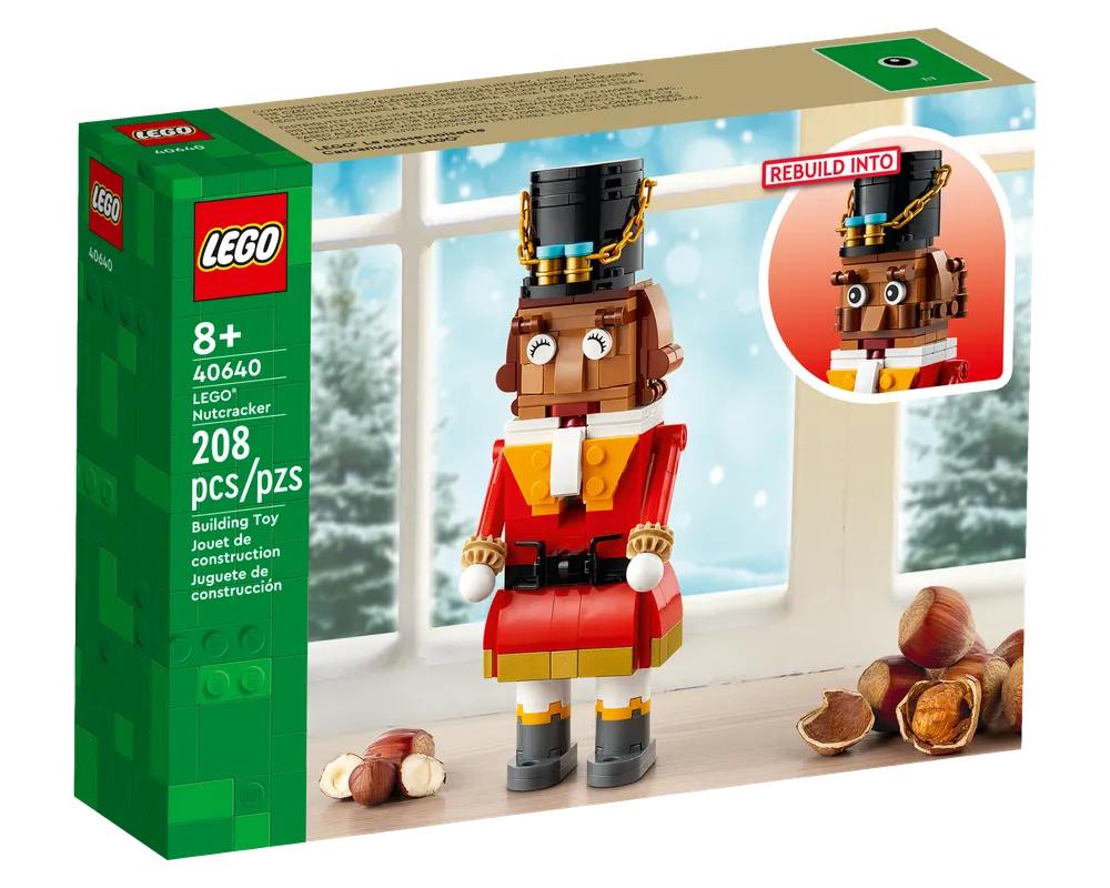 LEGO 40640 Nutcracker set box and built figure in front of a snowy window with hazelnuts. Features an alternative head build.