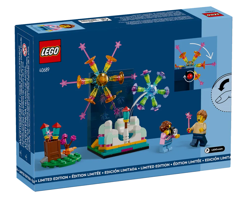 Back of LEGO 40689 Firework Celebrations box showing spinning firework models, rockets, and two minifigures.