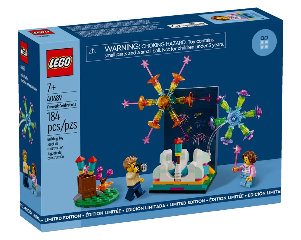 Box for LEGO 40689 Firework Celebrations set with minifigures, firework launchers, and colorful spinning firework builds.