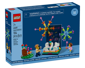 Box for LEGO 40689 Firework Celebrations set with minifigures, firework launchers, and colorful spinning firework builds.