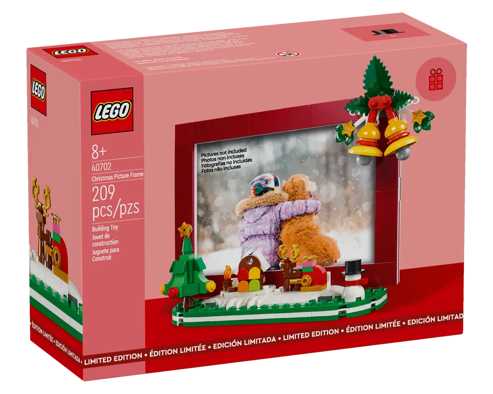 LEGO 40702 Christmas Picture Frame set box showing a red frame with a festive winter scene build including a tree and snowman.