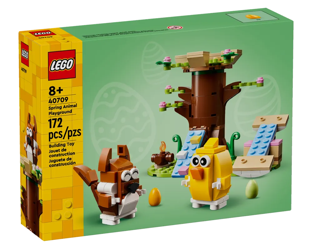 LEGO 40709 Spring Animal Playground box showing a brown tree, squirrel, yellow chick, seesaws, campfire, and colorful eggs.