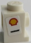 White LEGO 1x1 modified headlight brick featuring a red and yellow Shell V-Power logo sticker on its side.