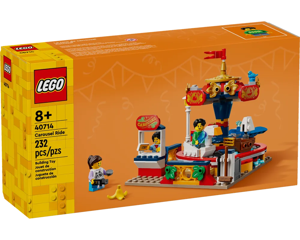 LEGO 40714 Carousel Ride set box. Displays the built carousel model, two minifigures, a ticket booth, and accessories.