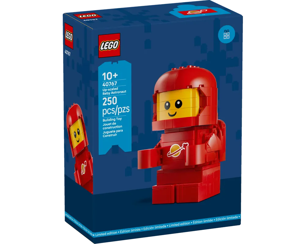 LEGO 40767 Up-scaled Baby Astronaut box showing a large red astronaut figure against a blue background, 250 pieces.