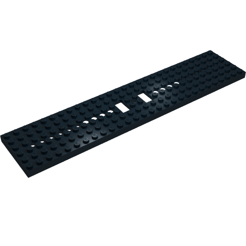 Black LEGO 4093b Train Base 6x28, with 10 round holes on each end and two rectangular holes in the center.
