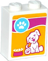 White LEGO 1x2x2 brick with a pattern of a white cartoon dog, blue paw print, and bones in a pink bowl.