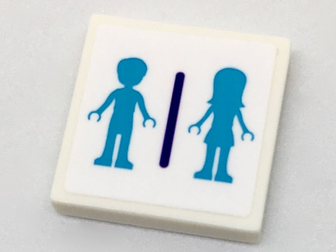 LEGO 2x2 tile with medium azure male and female mini-doll silhouettes and purple divider, dressing room pattern.