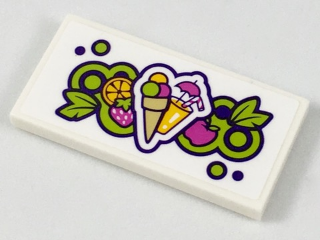 White LEGO 2x4 tile with a colorful sticker featuring a sorbet cone, tropical drink, strawberry, orange, apple, and berries.
