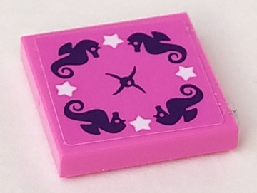 Pink LEGO 2x2 tile with four dark purple seahorses, four white stars, and a dark purple cushion button design in the center.