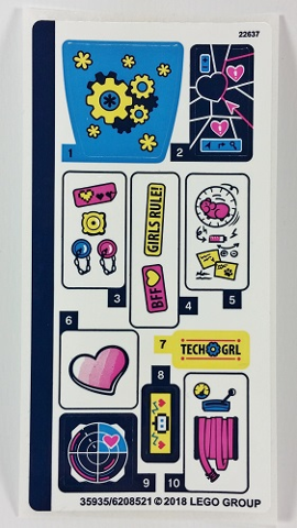LEGO sticker sheet for set 41333 featuring tech-themed designs: gears, hearts, apps, a radar, and 'TECH GRL' text.