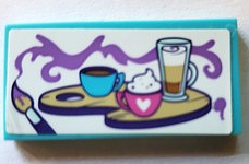 LEGO 2x4 tile 87079pb1200 with a sticker pattern: paintbrush, medium lavender paint, and coffee drinks on palettes from set 41336.