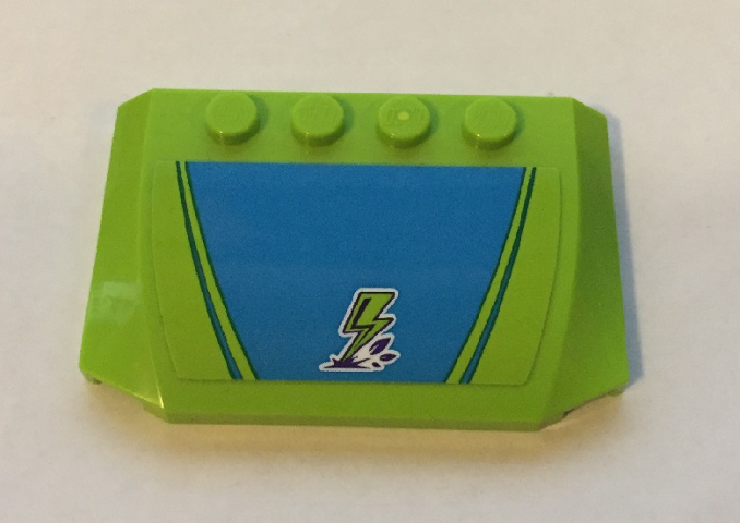 Lime green LEGO 4x6 wedge part, dark azure rectangular pattern with lime lightning bolt and purple splash.