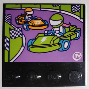 LEGO 4x4 tile with a sticker showing two go-karts on a racetrack, featuring checkered flags and a 'TV' logo.