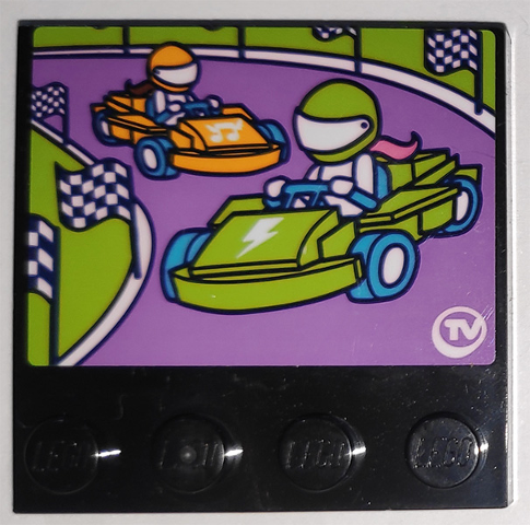 LEGO 4x4 tile with a sticker showing two go-karts on a racetrack, featuring checkered flags and a 'TV' logo.