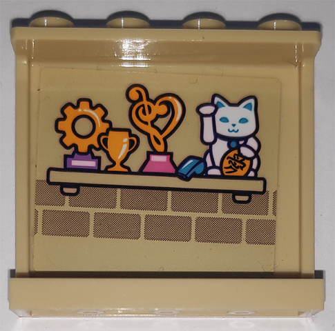 Tan LEGO panel 1x4x3 with a detailed sticker featuring a shelf displaying trophies, a whistle, and a white lucky cat against a brick pattern.