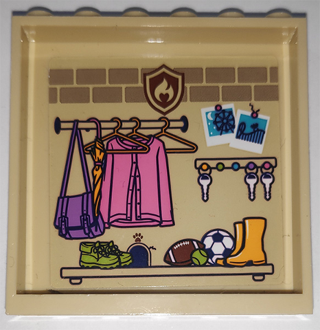 LEGO 59349pb231 panel, interior print of an entryway with hanging clothes, umbrella, bag, keys, shoes, sports balls, and fire shield.