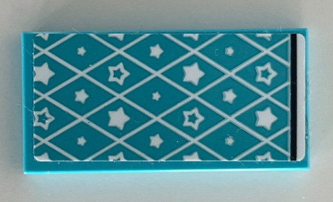 LEGO 2x4 tile, medium azure, with a sticker of white diamonds and stars pattern on an azure background. Black line on right.