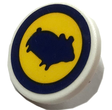 White LEGO 2x2 round tile with clip, featuring a dark blue hamster silhouette on a yellow circular background with a dark blue border.