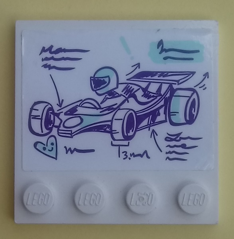 White LEGO 4x4 tile with a sticker depicting a dark purple and light aqua go-kart sketch, driver, scribbles, and a heart.