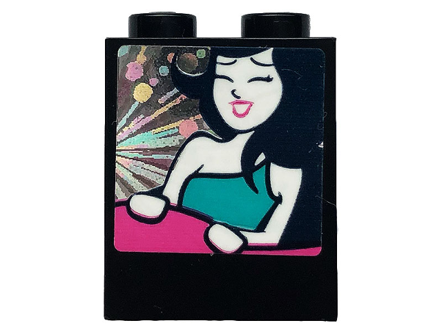 Black LEGO 1x2x2 brick with sticker showing a smiling girl with dark hair, teal top, on a colorful, sparkling roller coaster.
