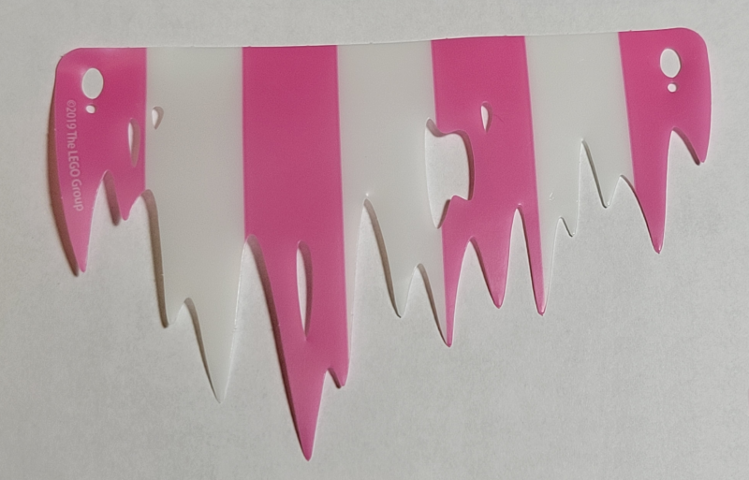 LEGO plastic sail part, 4 dark pink and 3 white vertical stripes, with a ragged, dripping-like bottom edge.
