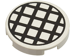 LEGO 4150p01 white round 2x2 tile with a black large grid pattern printed on top.