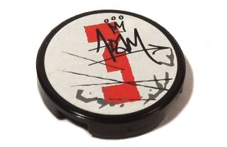 LEGO 4150pb073L - Tile, Round 2 x 2 with Red Number 3, Dark Bluish Gray Splotches, and  Scratches, Crown, and Graffiti 'ADaM' Pattern Model Left Side (Sticker) - Set 5973