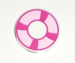LEGO 4150pb106 Round 2x2 white tile featuring a magenta and bright pink life preserver pattern with curved bands.