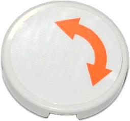 White round LEGO 2x2 tile with an orange curved double-ended arrow pointing from top-left to right.