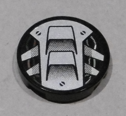 Black round 2x2 LEGO tile (4150pb179) with light bluish gray air inlet pattern sticker, featuring stacked trapezoids and screws.