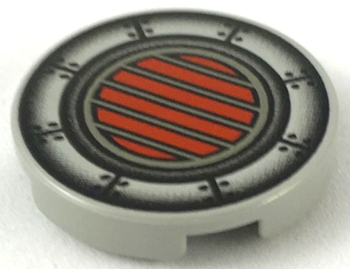 Light grey round 2x2 LEGO tile with a printed red circle, diagonal lines, and a riveted metal plate pattern.