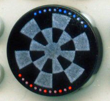 Round 2x2 LEGO tile 4150ps3 with black and grey Dejarik Hologameboard pattern, featuring red and blue dots around the edge.