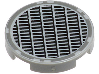 A light gray LEGO 2x2 round tile with a black and white fine mesh grille manhole cover pattern.