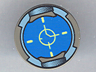Round LEGO 2x2 tile with a blue tracking screen pattern featuring a yellow crosshair and marks, framed by a light grey rim.