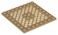 Tan LEGO 4151b Plate, Modified 8x8, with a diamond grille pattern and raised 2x2 studs in the center.